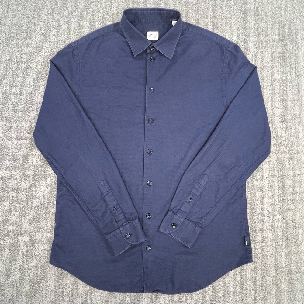 Armani Collezioni Shirt Large Blue Button Up Waffle-Woven Luxury  Preppy Men